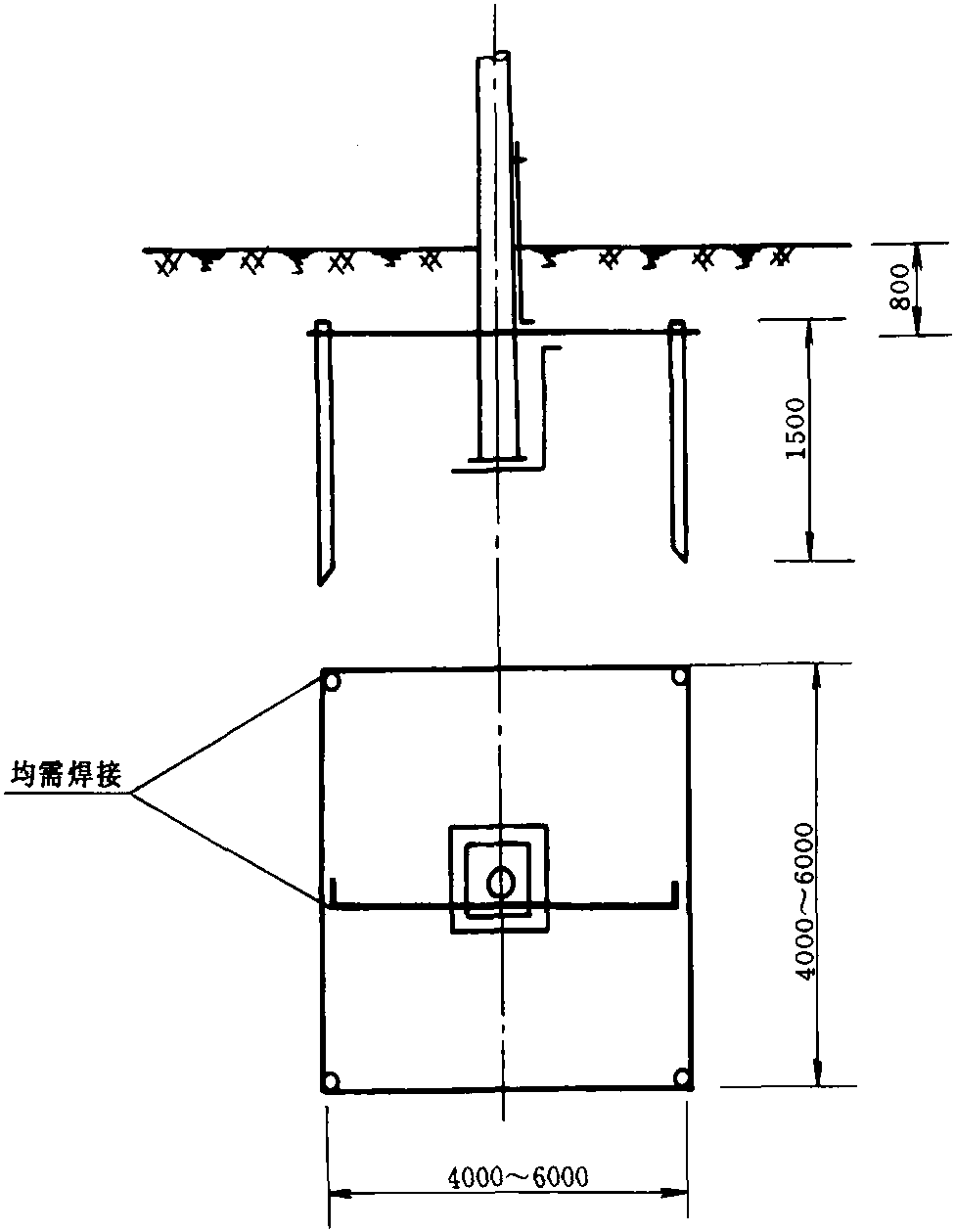 图7-60 单杆变台接地装置施工图